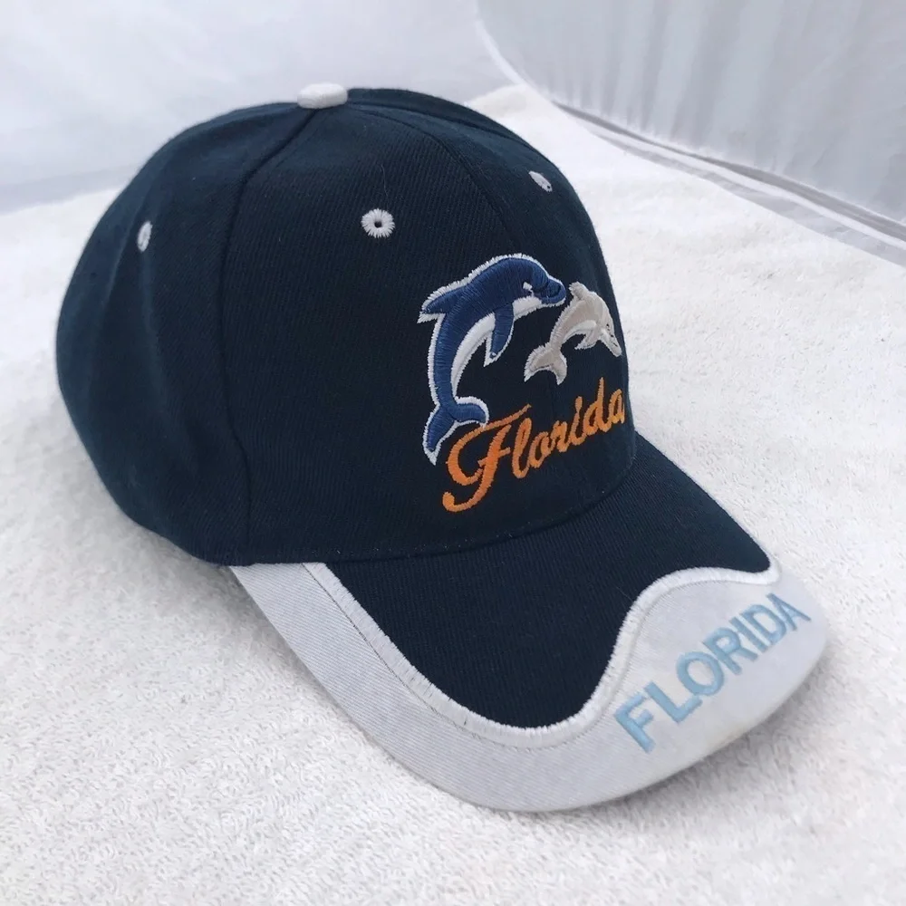 Florida type with Dolphin Art Adjustable Blue White Travel Beach Baseball Cap